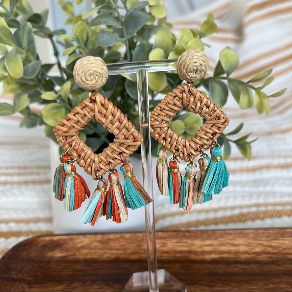 Diamond Braided Rattan Raffia Tassel Earring